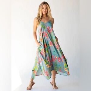 Natural‎ Life Katrina Midi Slip Dress Gray Blue Neon Floral XS Sharkbite Hem NWT